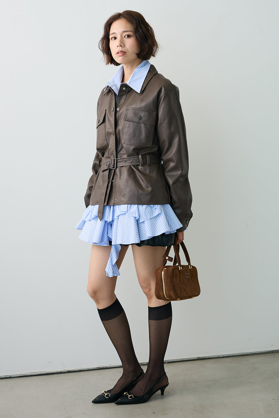 [予約/SET]ストライプフリルヘムシャツチュニック+レザーライクウエストシェイプジャケット(2set)