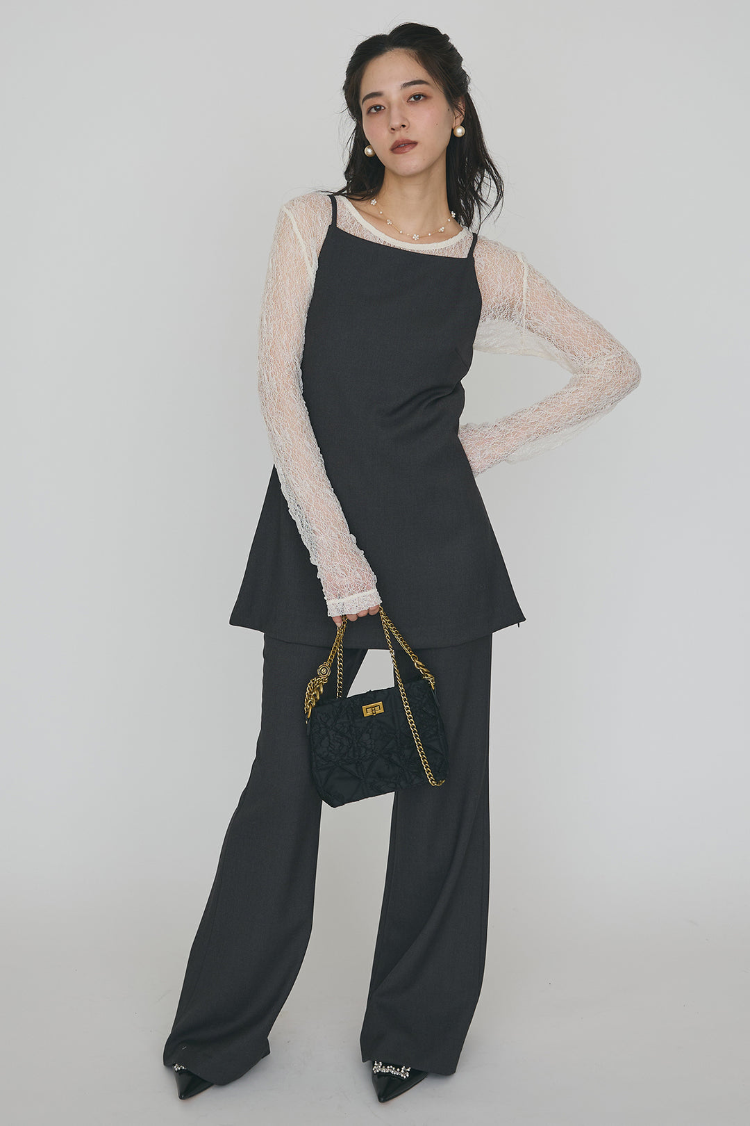 [予約/SET]ストレッチ繊細レーストップス+バックリボン美シルエットキャミチュニック+美脚セミフレアパンツ(3set)