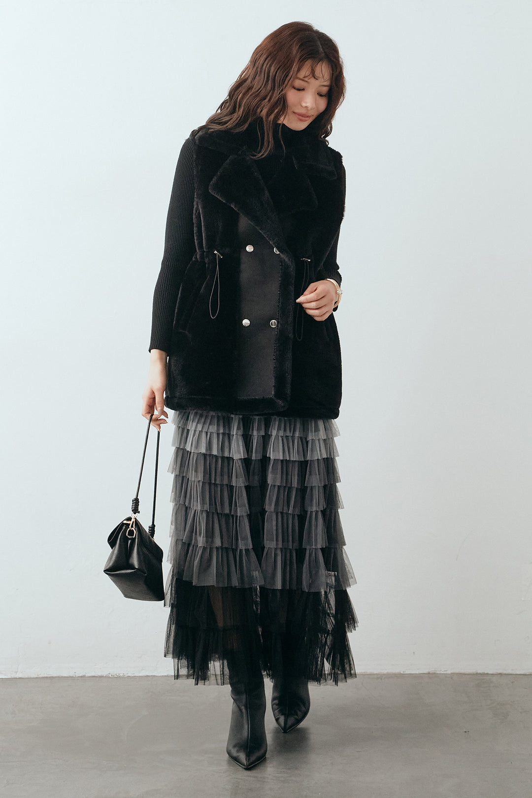 [予約/SET]ベーシックリブタートルニット+テディボアウエストドロストベスト+グラデーションチュールティアードスカート(3set)