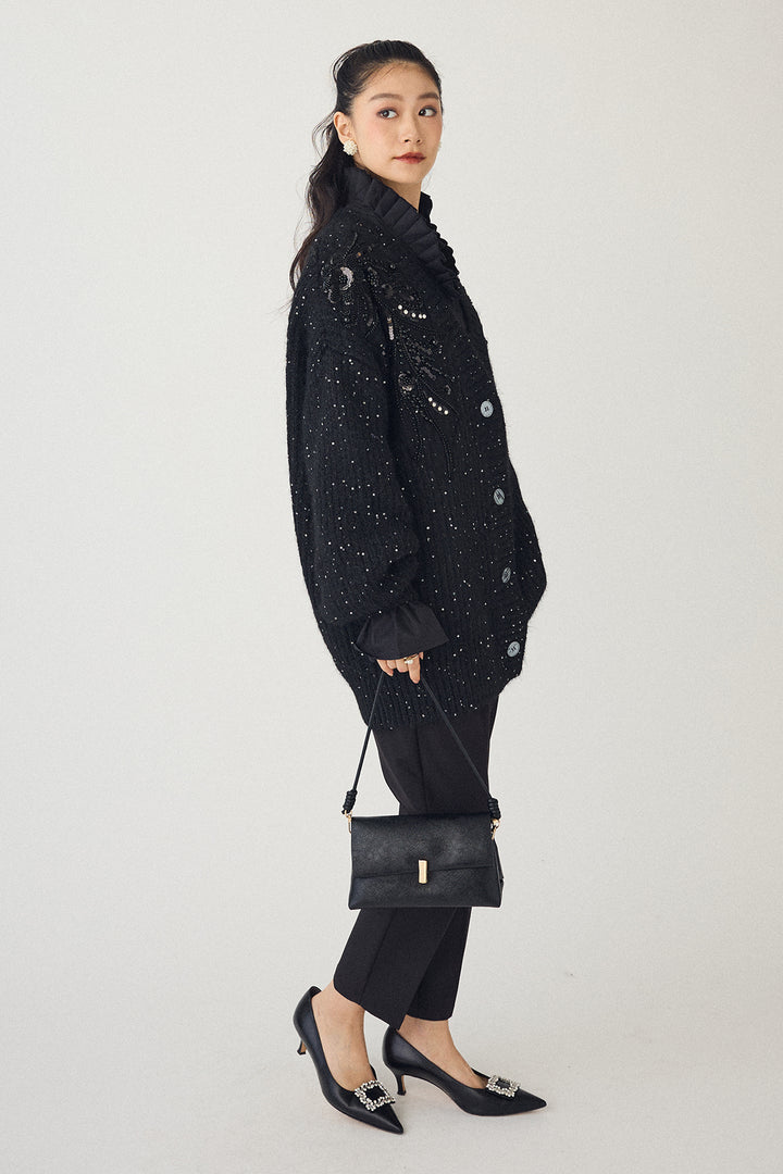 [予約/SET]ダブルプリーツカラーブラウス+ビーズフラワースパンコールシャイニーニットカーデ+タックテーパードパンツ(3set)