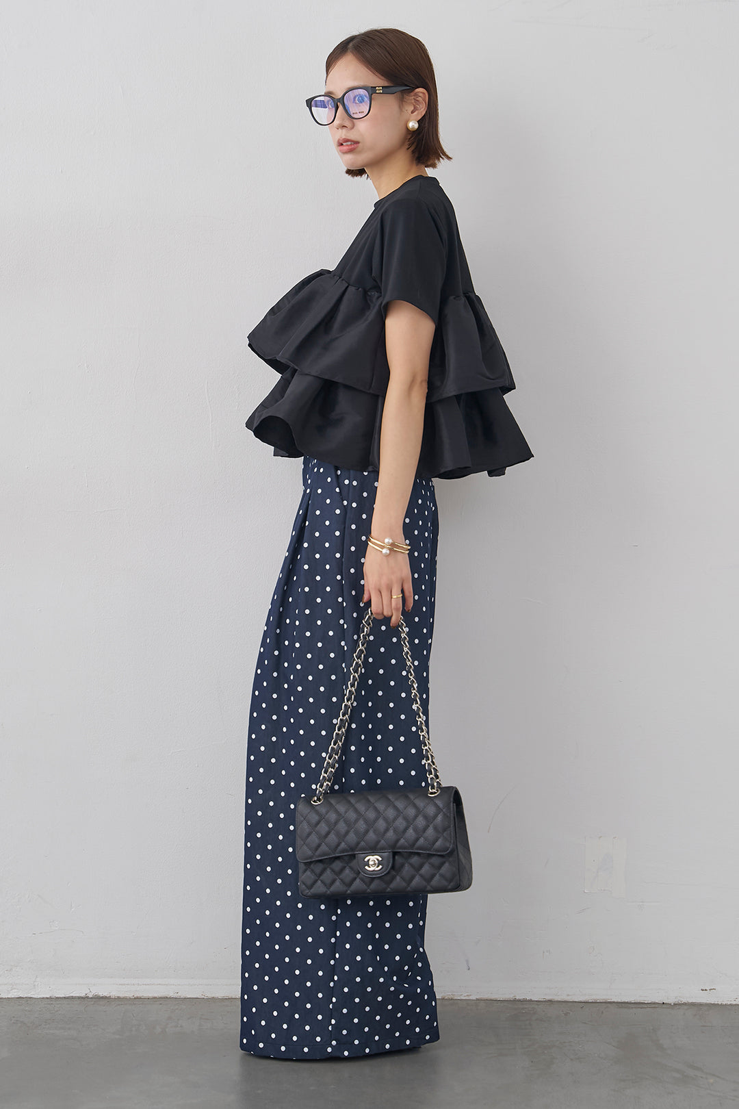 [予約/SET]ナイロンフリルドッキングTシャツ+ハイウエストドットデニムパンツ(2set)