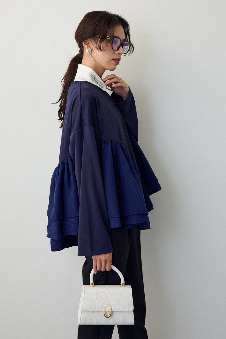 [予約/SET]ビジュー付け襟+フリルテール異素材切替チュニック(2set)