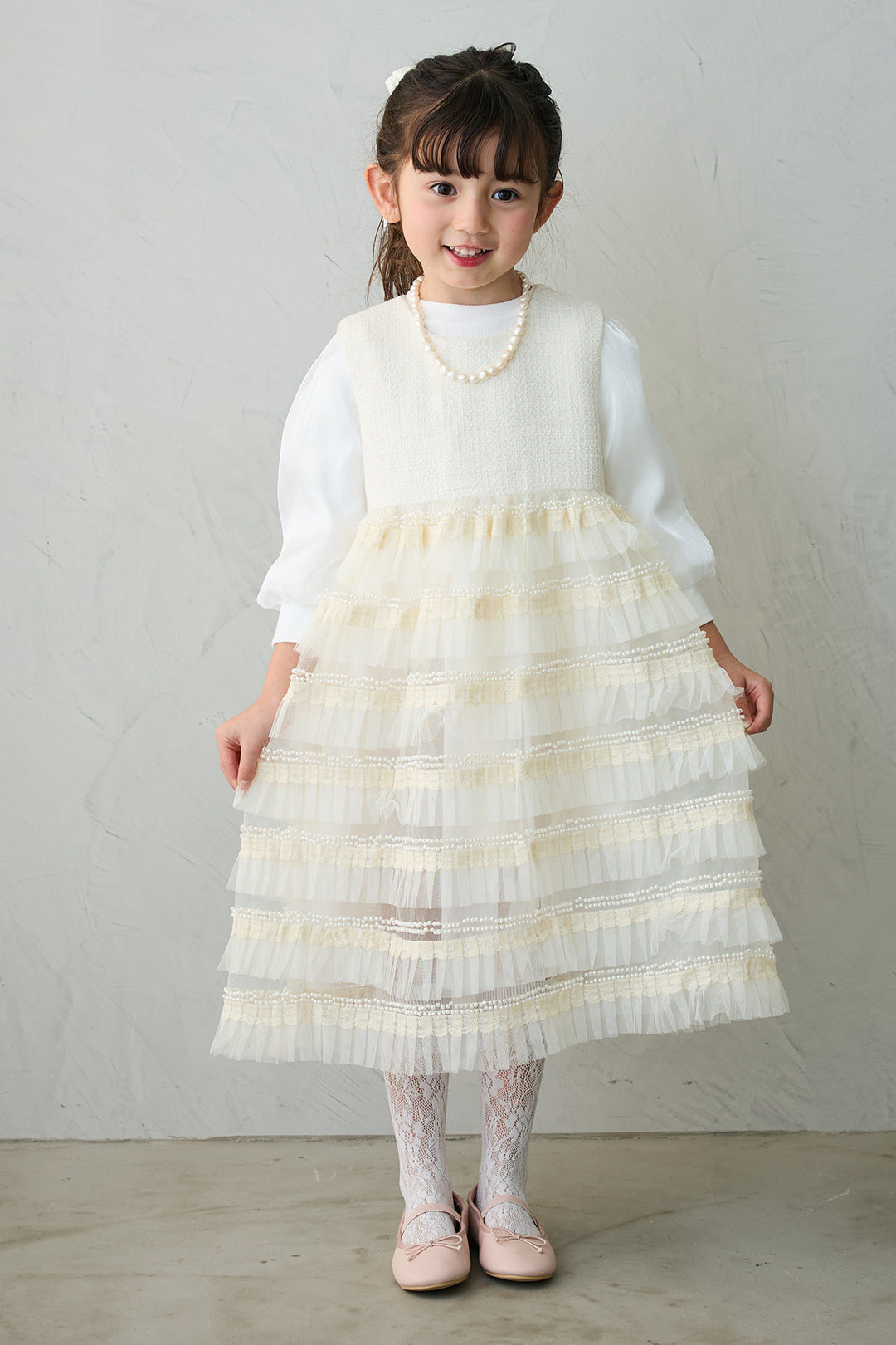 [予約/親子SET][kids]ティアードプリーツパールワンピセット+ツイード×チュールレイヤードクロップドジャケット+ホイップチュールティアードスカート(3set)