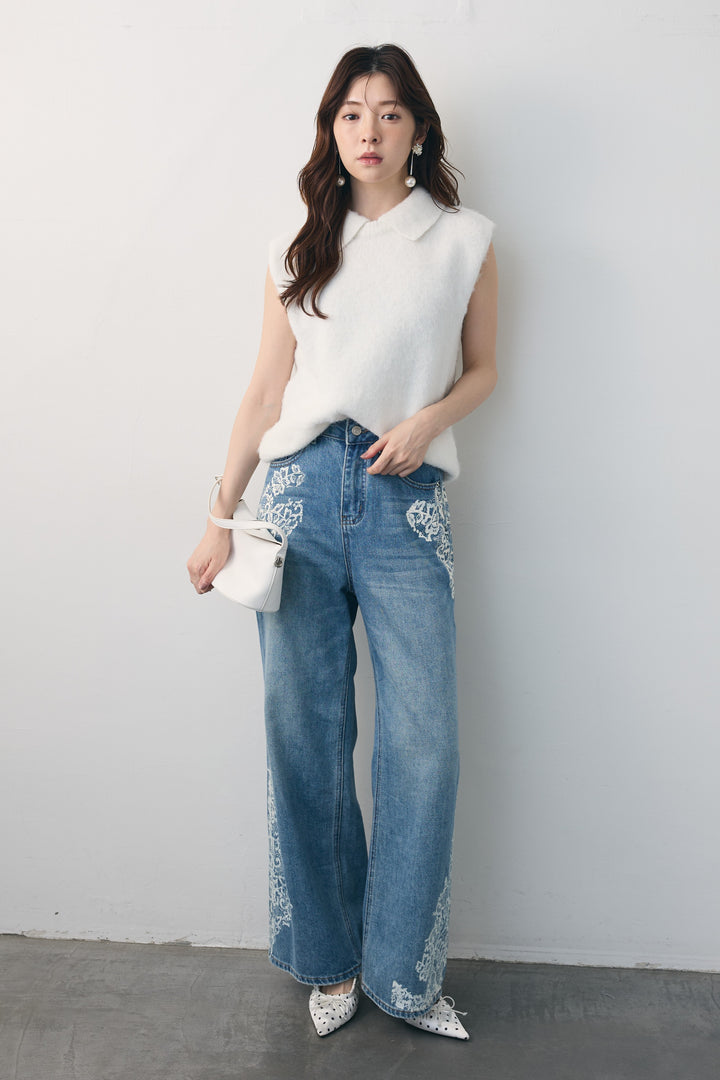 [予約/SET]モヘア起毛ポロベスト+レースプリントデザインデニムパンツ(2set)