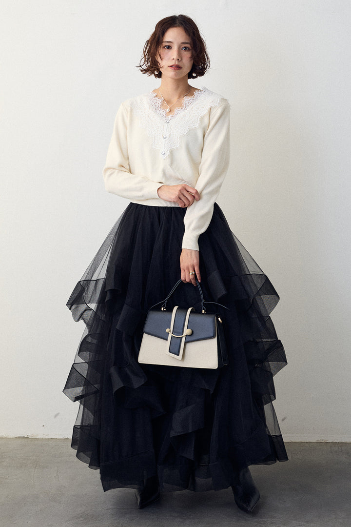 [予約/SET]Vレースデザインニットプルオーバー+ランダムフリルティアードボリュームスカート(2set)