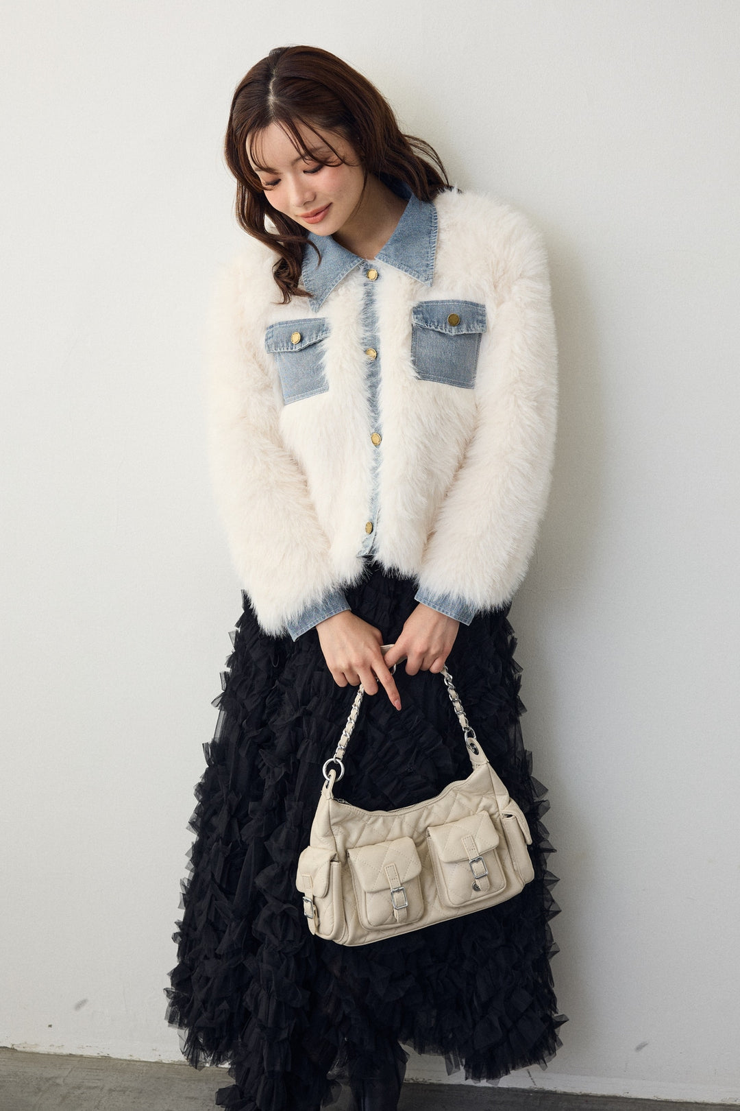 [予約/SET]デニムシャツドッキングファージャケット+スフレアシメチュールスカート(2set)