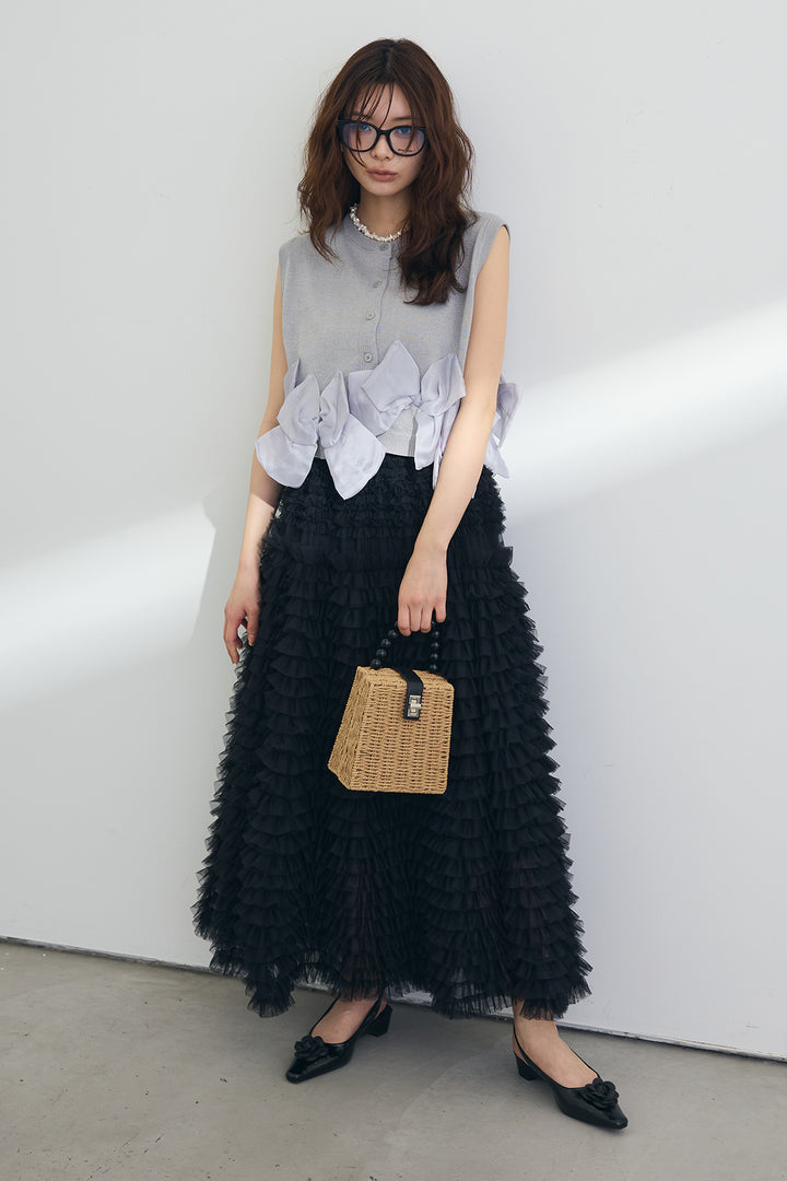 [予約]ヘムオーガンジーリボンスリーブレスニット