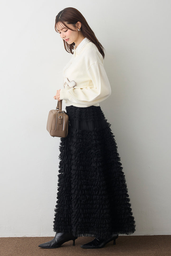 [予約/SET]2連パール付け襟+シャギーリボンキャットモチーフニットPO+ホイップチュールティアードスカート(3set)