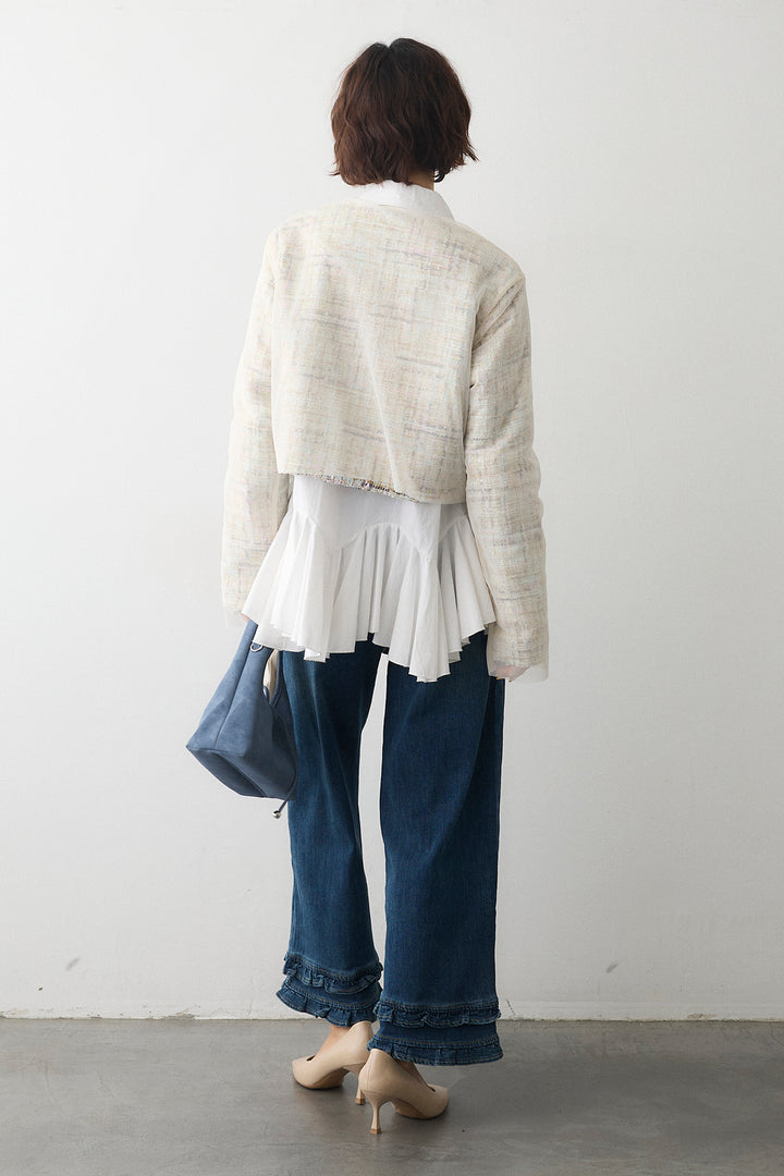 [予約/SET]パネルフレアヘムシャツ+ツイード×チュールレイヤードクロップドジャケット+フリルヘムデニムパンツ(3set)