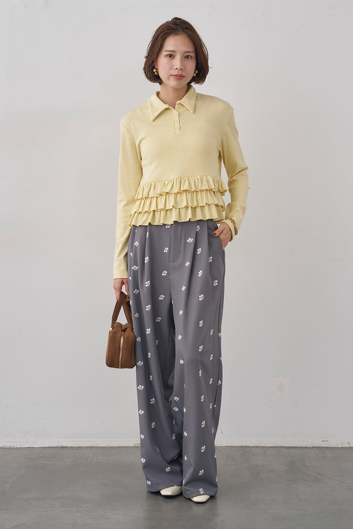 [予約/SET]フリルヘムポロカラープルオーバー+フラワー刺繍ツイルストレートパンツ(2set)