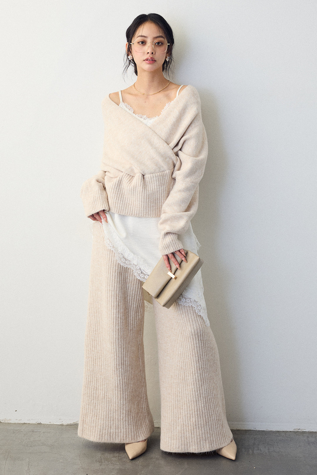 [予約/SET]カシュクール美ラインニットセットアップ+サテンレースアシメキャミ(2set)