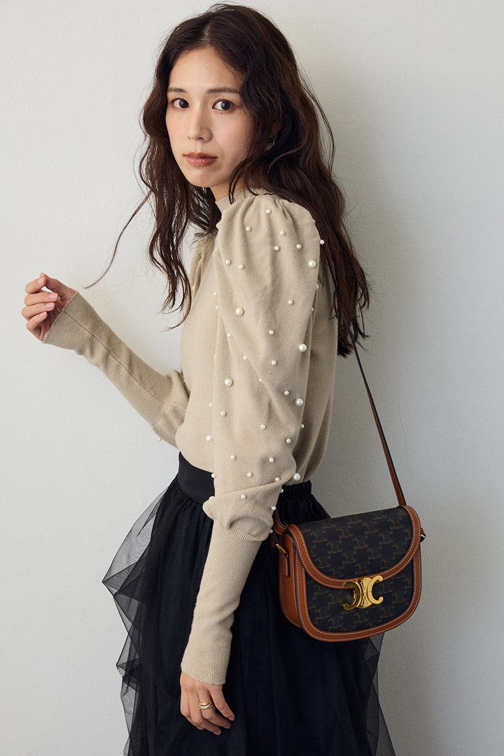 [予約/SET]パフスリーブランダムパールニット+マルチパターンタックチュールスカート(2set)