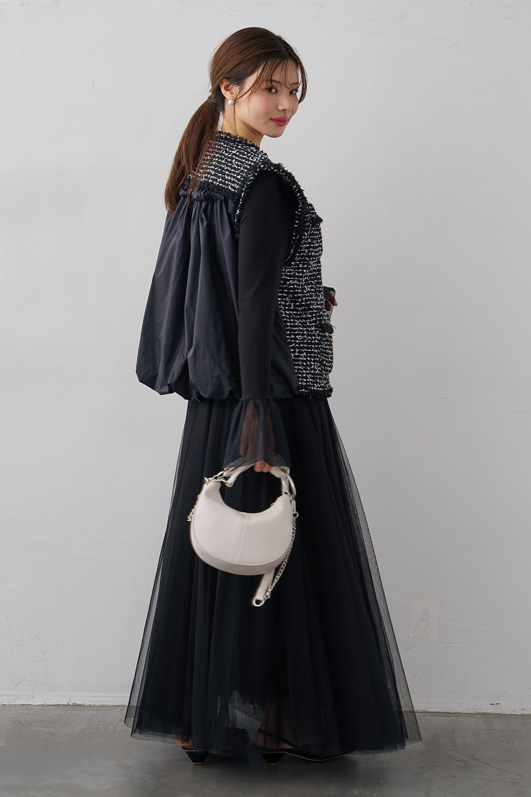 [予約/SET]チュールシアーカフスリブニット+異素材切り替えツイードベスト+エアリーチュールフレアスカート(3set)