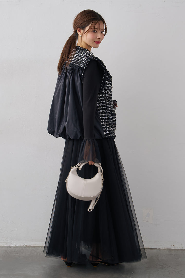 [予約/SET]チュールシアーカフスリブニット+異素材切り替えツイードベスト+エアリーチュールフレアスカート(3set)