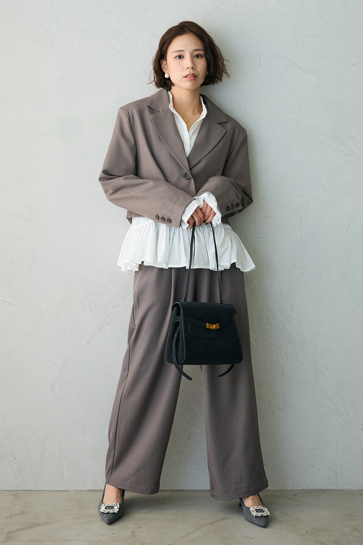 [予約/SET]フリルヘムスリーブブラウス+クロップドマニッシュシンプルジャケット+ツイルシンプルストレートパンツ(3set)