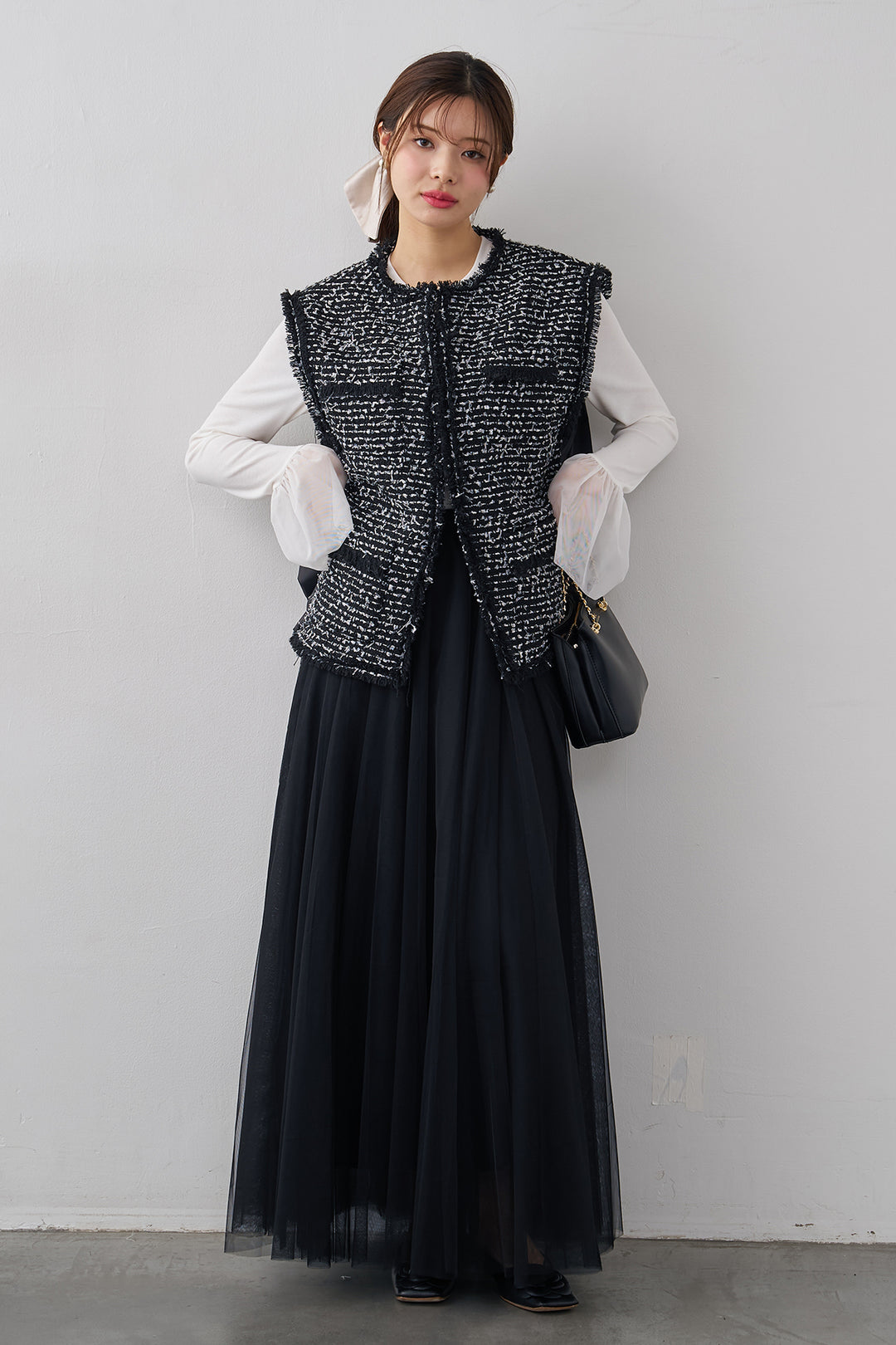 [予約/SET]チュールシアーカフスリブニット+異素材切り替えツイードベスト+エアリーチュールフレアスカート(3set)