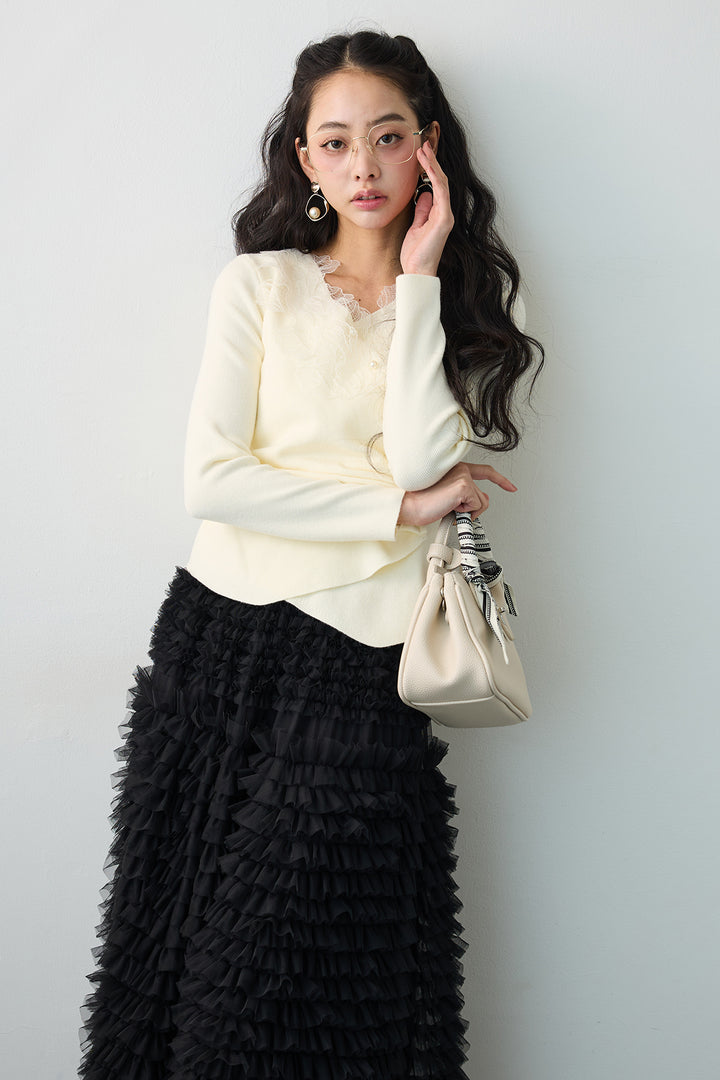 [予約]タックパールデザインレースニット