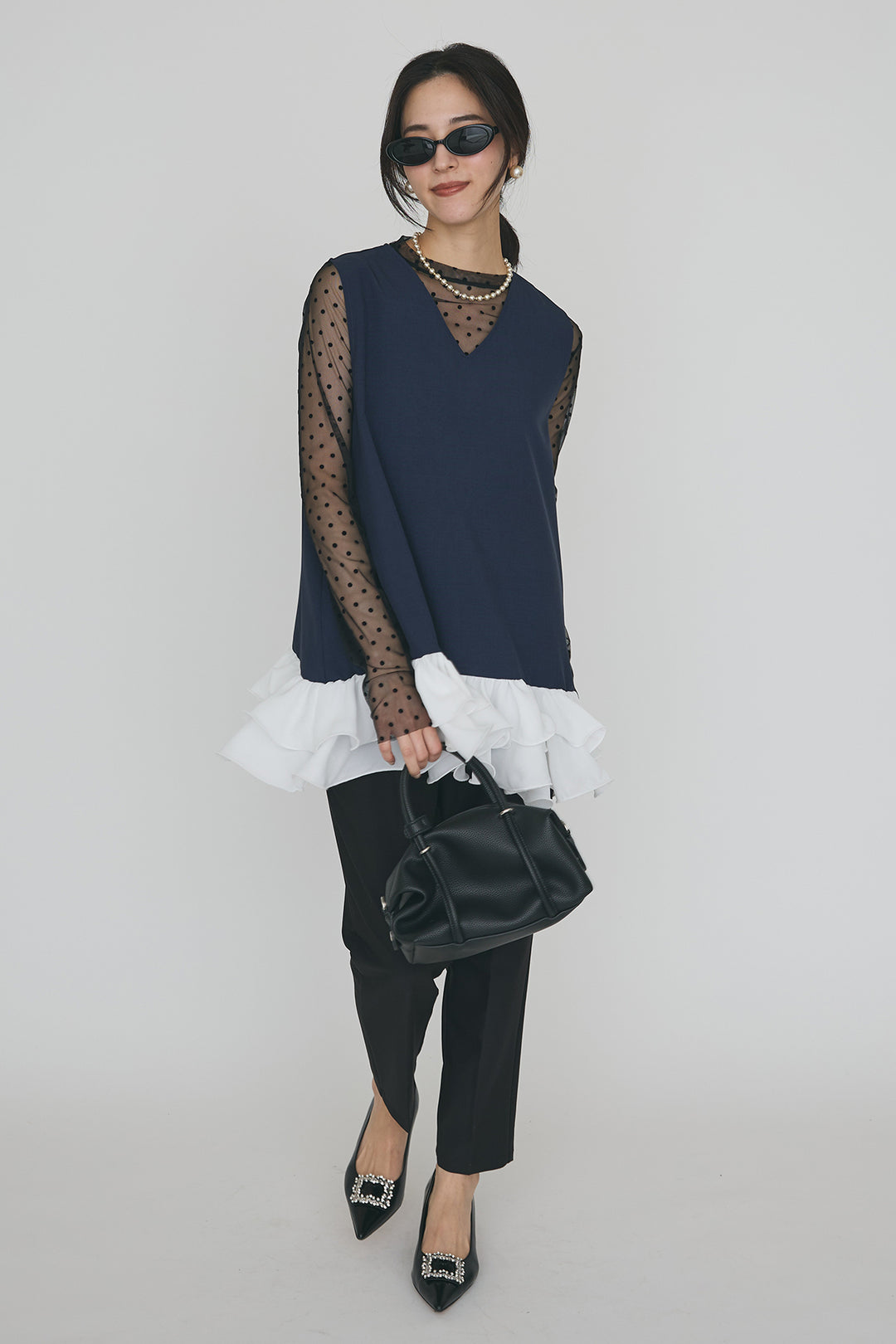 [予約/SET]シアードットフロッキートップス+異素材フリルヘムVネックチュニック+タックテーパードパンツ(3set)