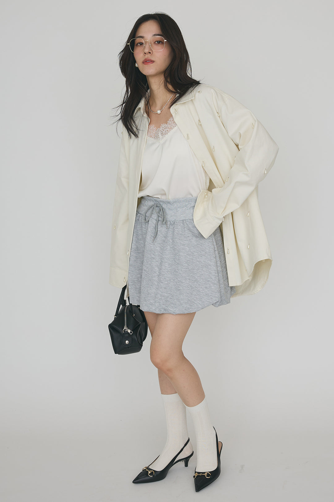 [予約/SET]雫パールデザインオーバーシャツ+スウェットバルーンスカート(2set)