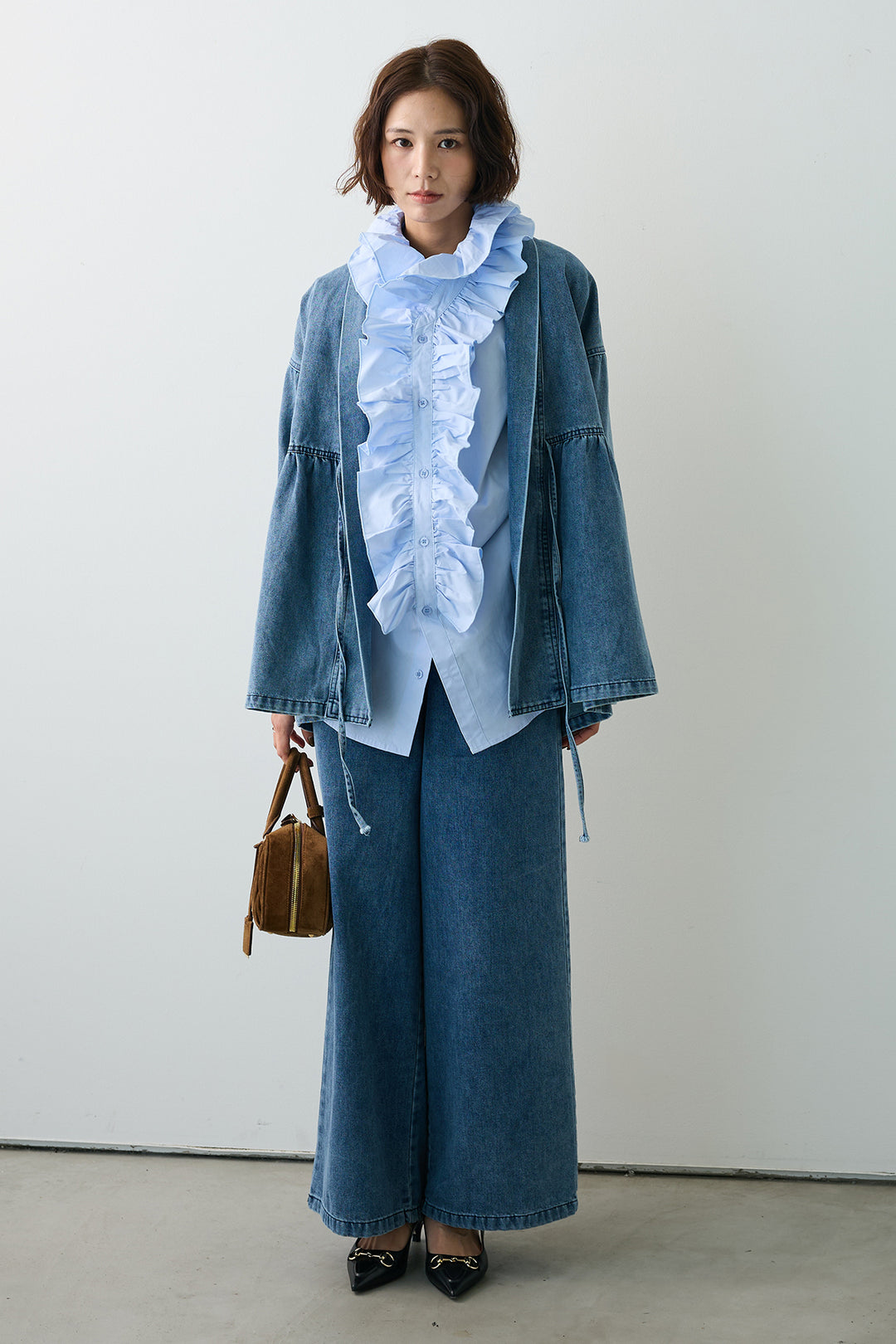 [予約/SET]ブルームカラーフリルブラウス+ノーカラーデニムルーズセットアップ(2set)