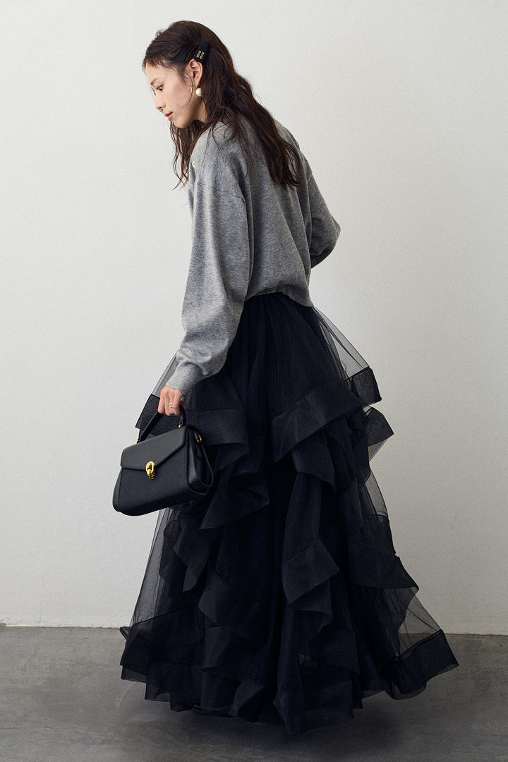 [予約/SET]フルーツフラワー刺繍ニットカーデ+ランダムフリルティアードボリュームスカート(2set)