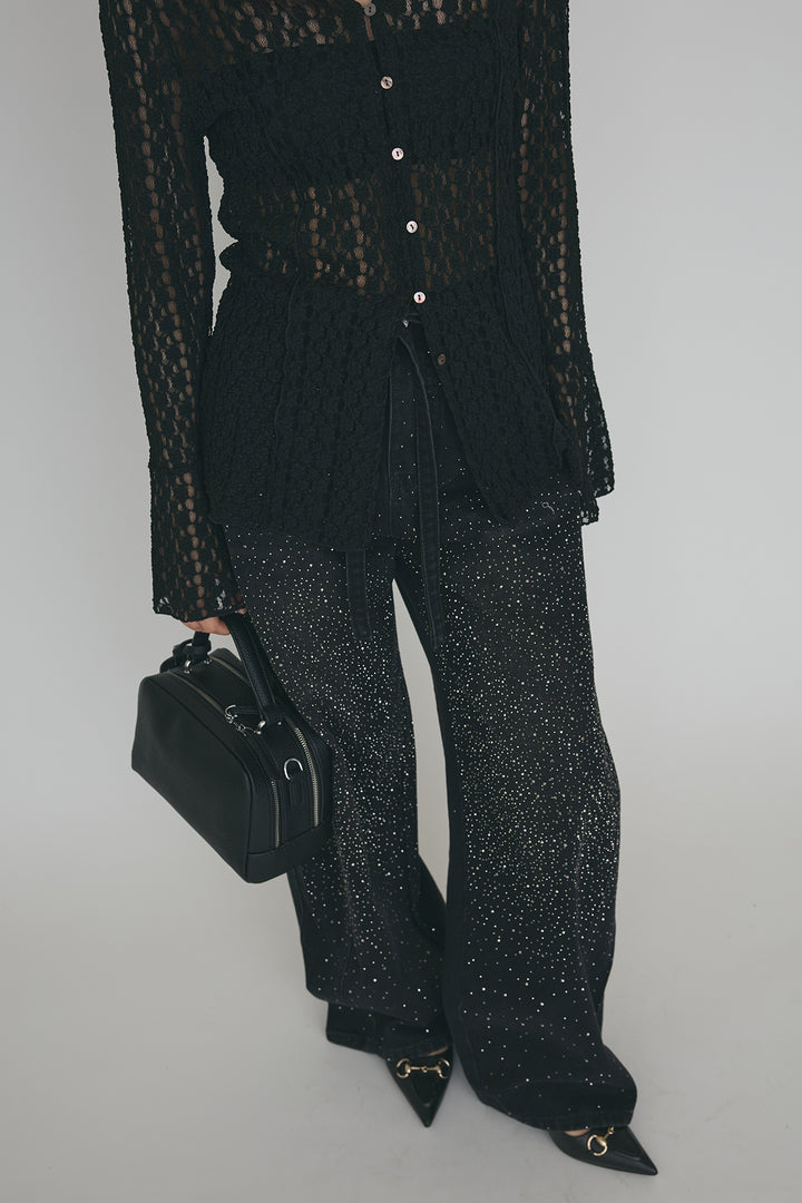 [予約/SET]カットレースフラワーVネックカーデ+ラインストーン美ラインデニム(2set)