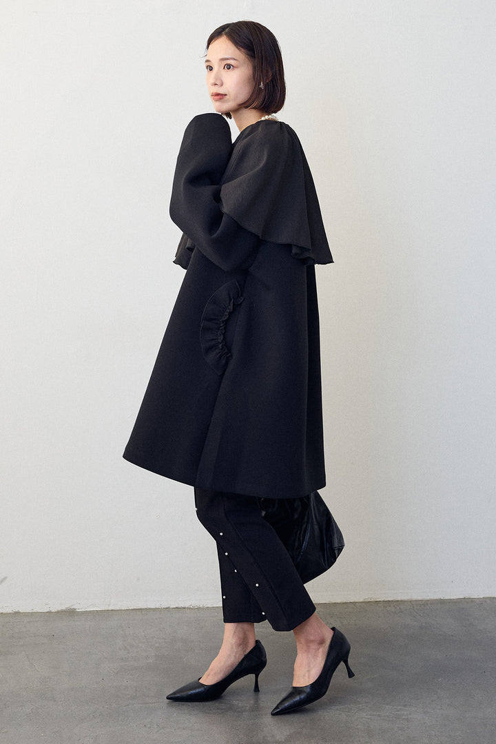 [予約/SET]BIGフリルカラーブラウス+フリルポケットボンディングノーカラーコート+センターシームランダムパールパンツ(3set)