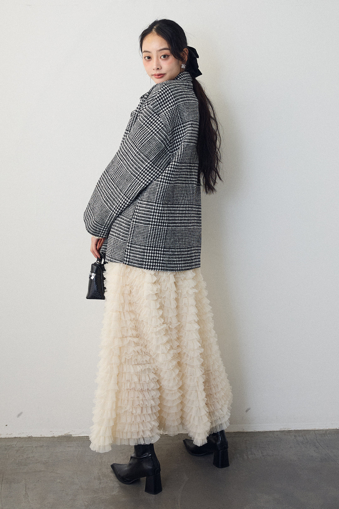 [予約/SET]チェック柄ボクシーコート+ホイップチュールティアードスカート(2set)