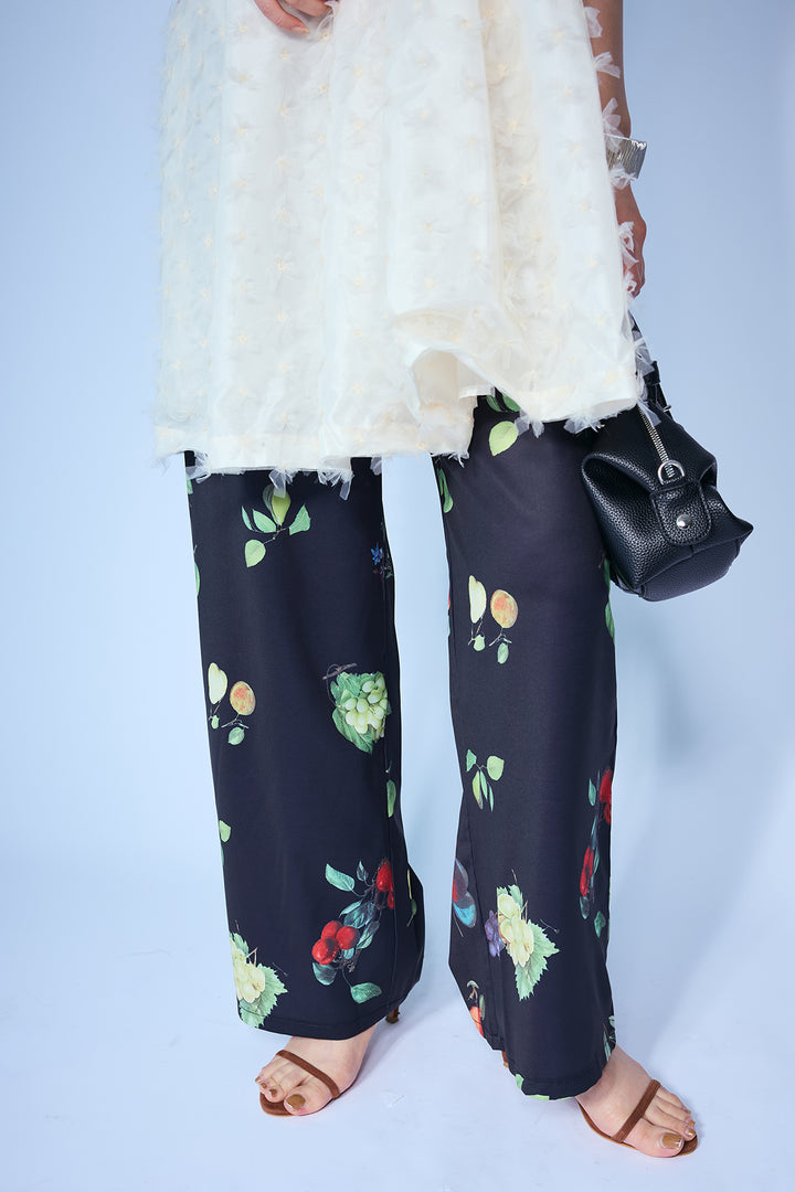 [予約/SET]フラワージャカードパフスリーブチュニック+フルーツパターンストレートパンツ(2set)