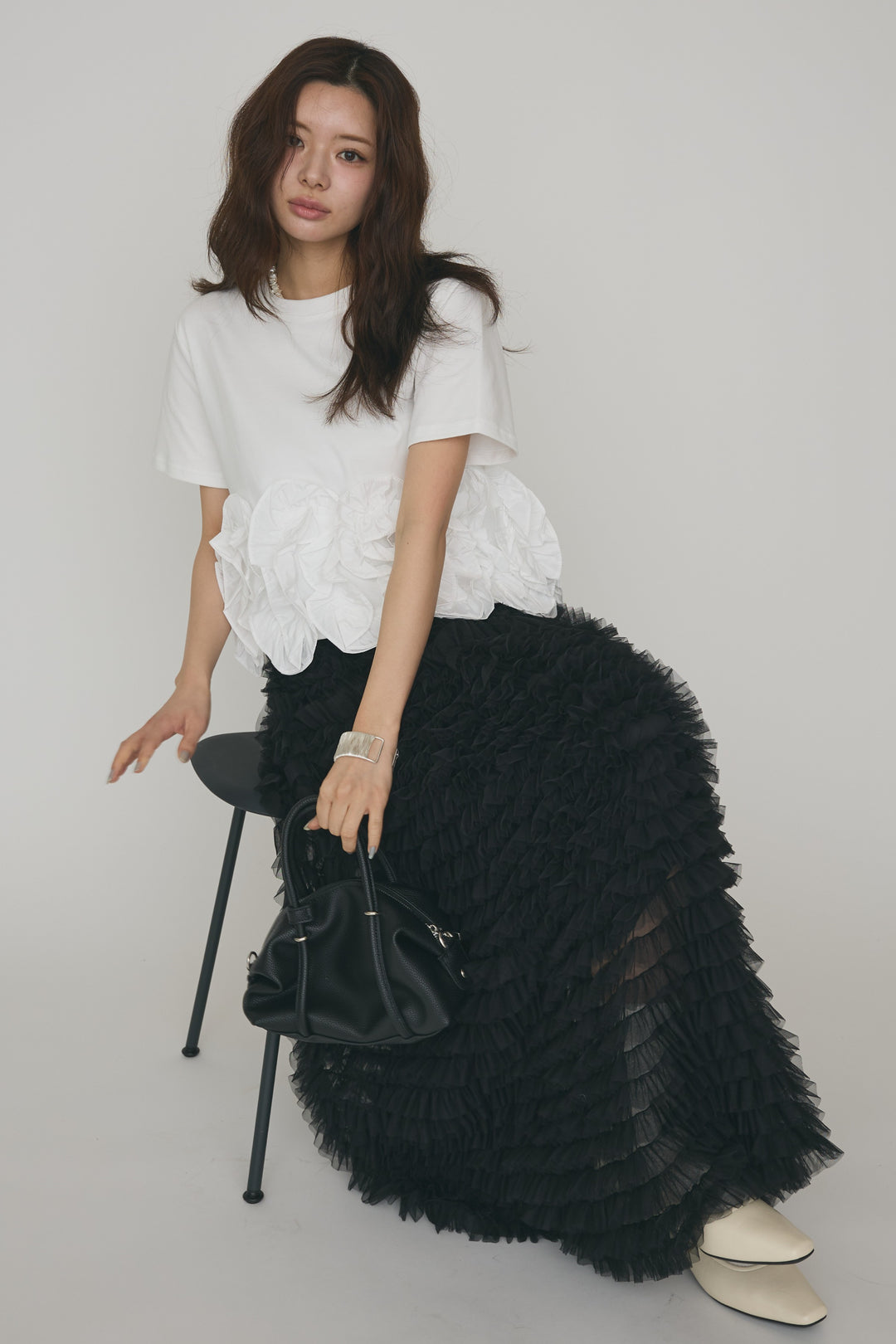[予約/SET]フリルウェーブヘムカットTシャツ+ホイップチュールティアードスカート(2set)