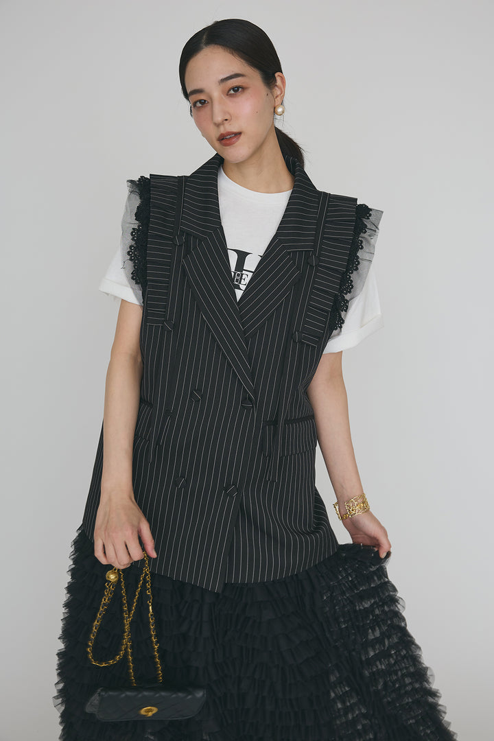 [予約/SET]フリルショルダーテーラーマニッシュベスト+ホイップチュールティアードスカート(2set)