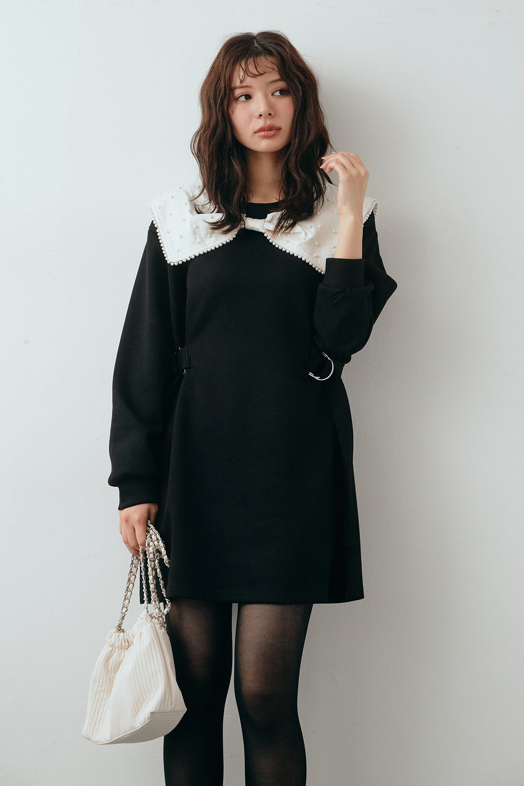 [予約]リボンパールモチーフウエストベルトミニワンピ