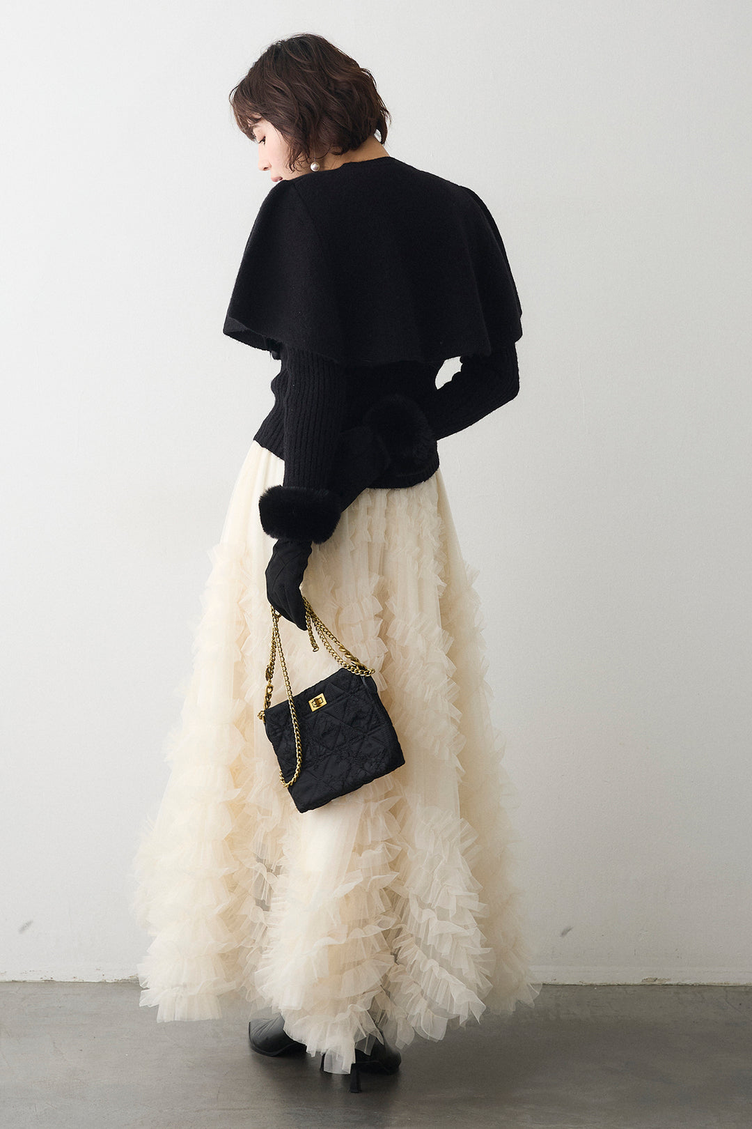 [予約/SET]ミックス釦ケープ2wayニット+スフレアシメチュールスカート(2set)