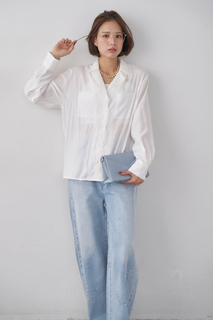 [予約/SET]クラシックレーストリムブラウス+スタッズアシメカーブデニムパンツ(2set)