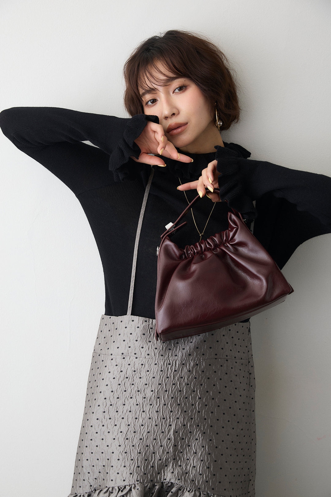 [予約/SET]ダブルフリルカラーニットプルオーバー+ドットジャガードギャザーフレアスカート(2set)