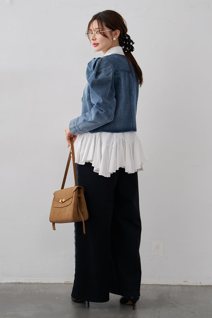 [予約/SET]パネルフレアヘムシャツ+パフスリーブショートデニムジャケット+サイドレースWフェイスカットソーパンツ(3set)