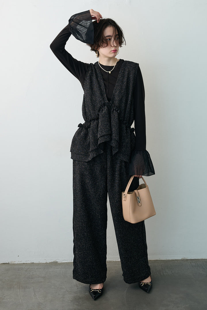 [予約/SET]サイドギャザーフレアチュールカフストップス+サマーツイードマルチウェイロンパース(2set)
