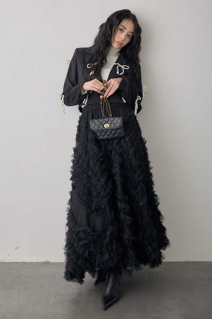 [予約/SET]パールリボンクロップドジャケット+スフレアシメチュールスカート(2set)