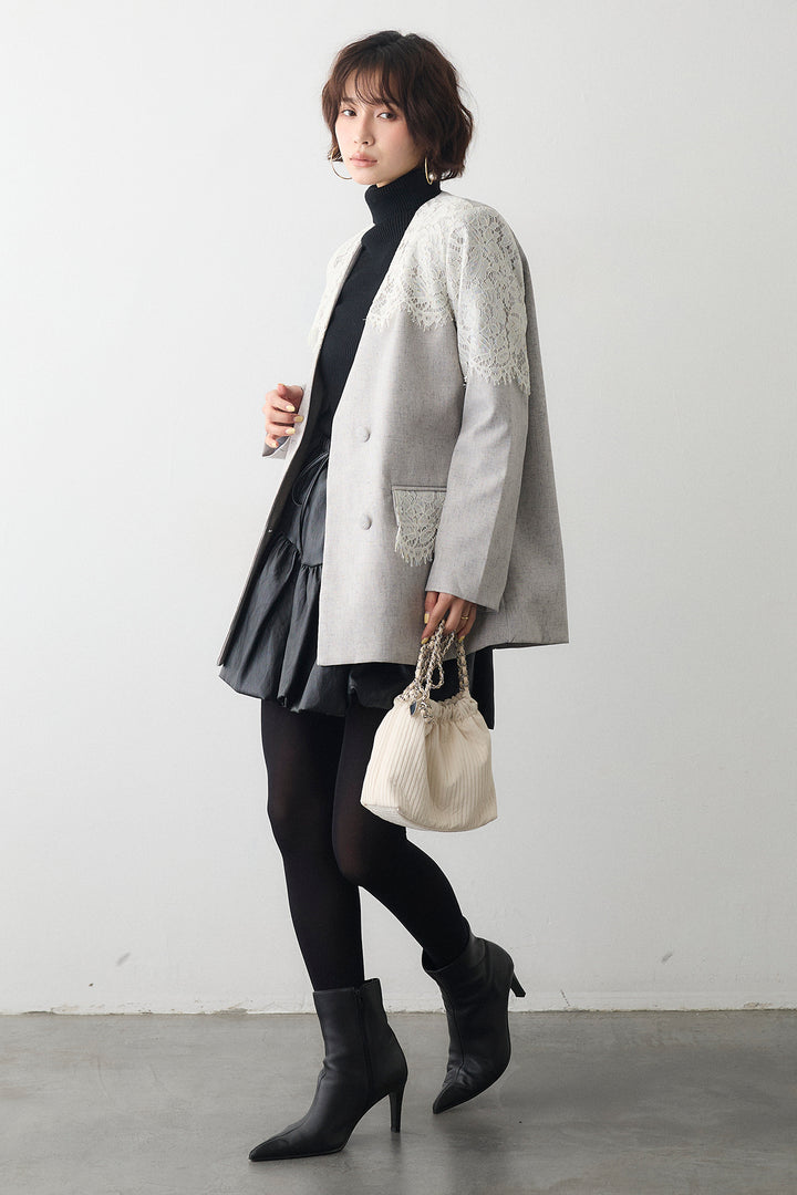 [予約/SET]ベーシックリブタートルニット+ショルダーレースデザインジャケット+フェイクレザーティアードバルーンミニスカート(3set)