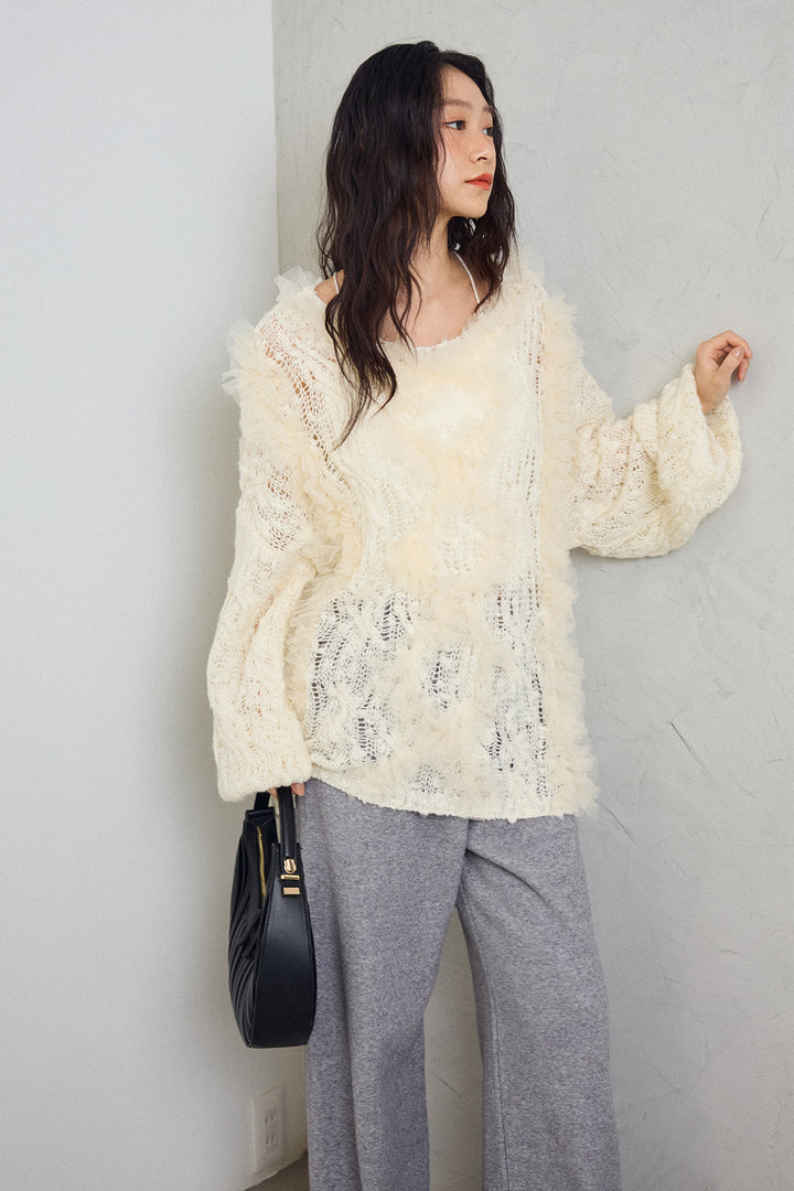 [予約/SET]透かし編みホイップチュールニット+ウォームタッチイージーパンツ(2set)