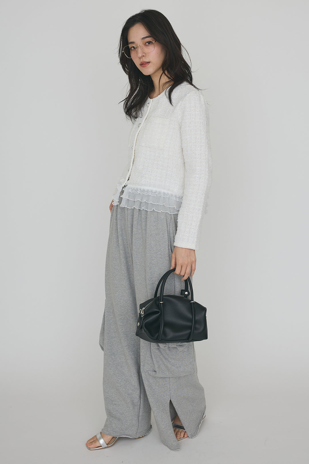 [予約/SET]プリーツフリルヘムライトツイードジャケット+ライトスウェットサイドリボンパンツ(2set)