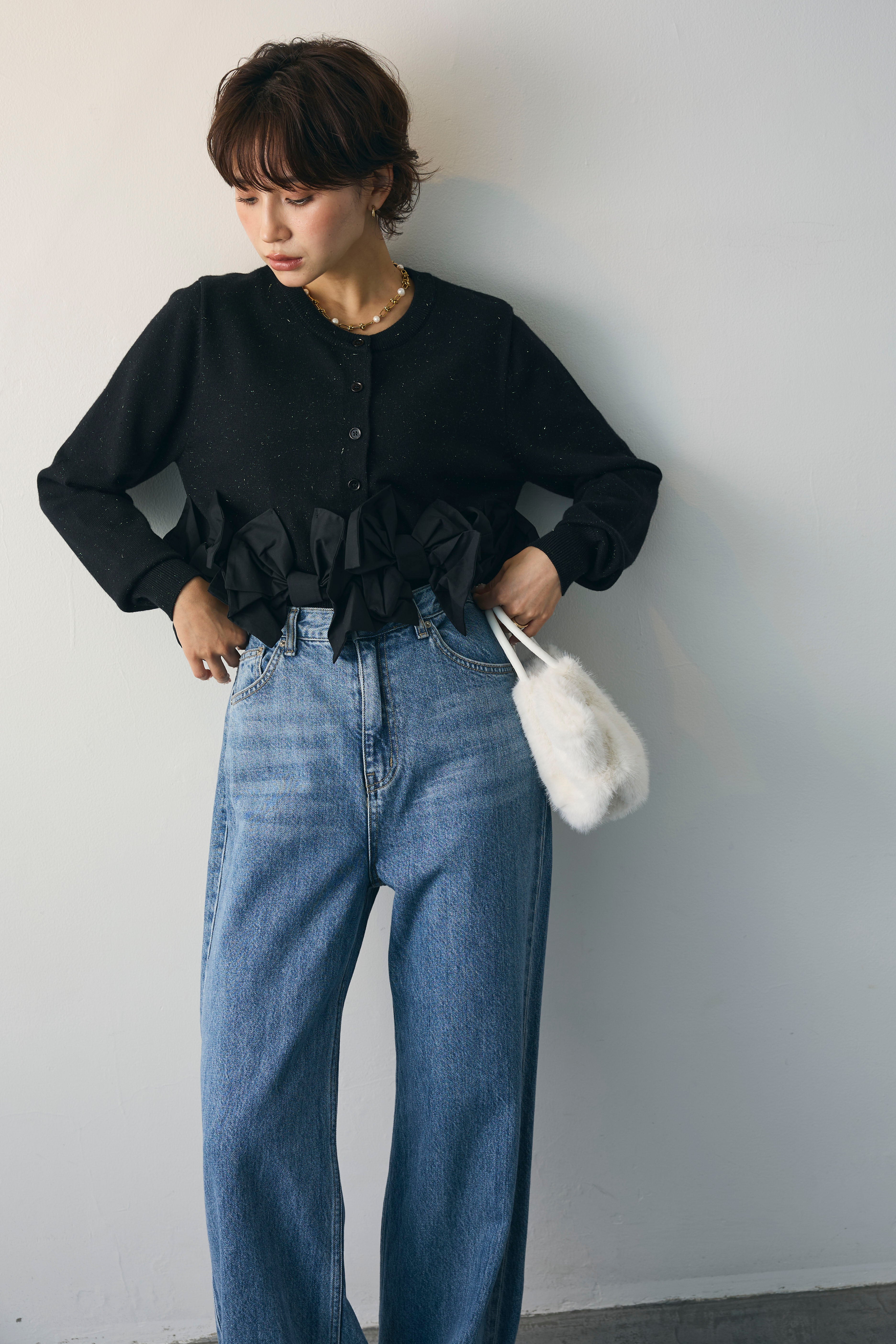 予約/SET]ヘムリボンデザインショートカーデ+コードレースロールアップ