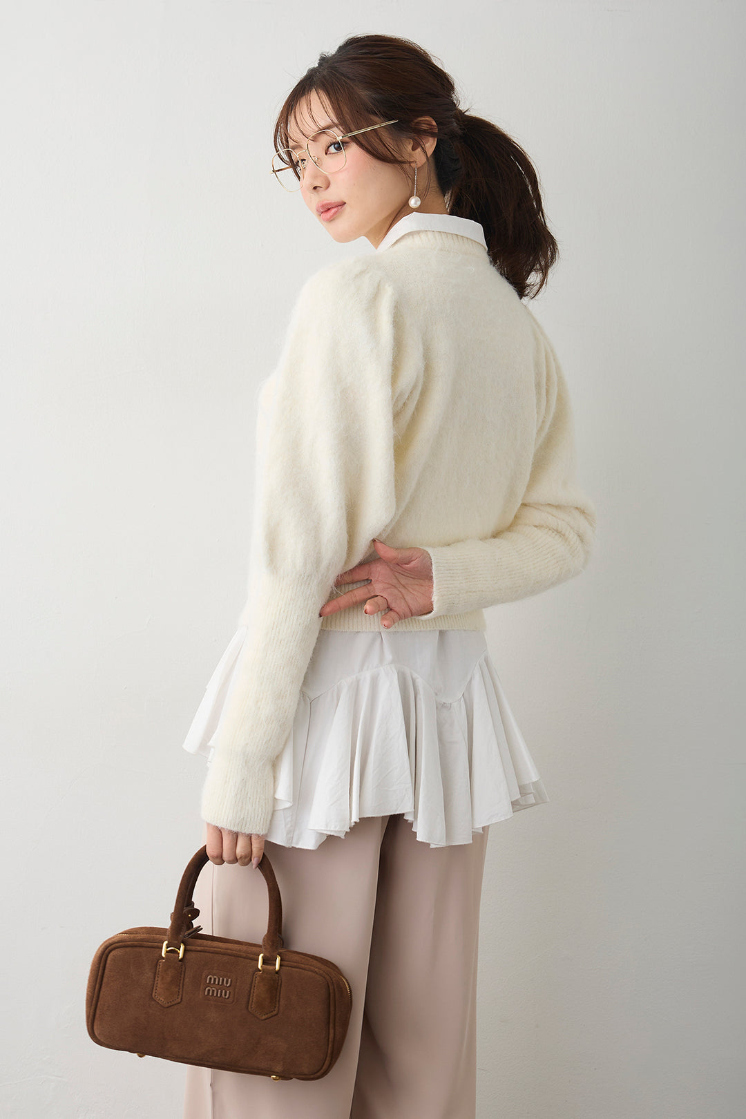 [予約/SET]モヘアパフスリーブプルオーバー+パネルフレアヘムシャツ+とろみドロストワイドパンツ(3set)