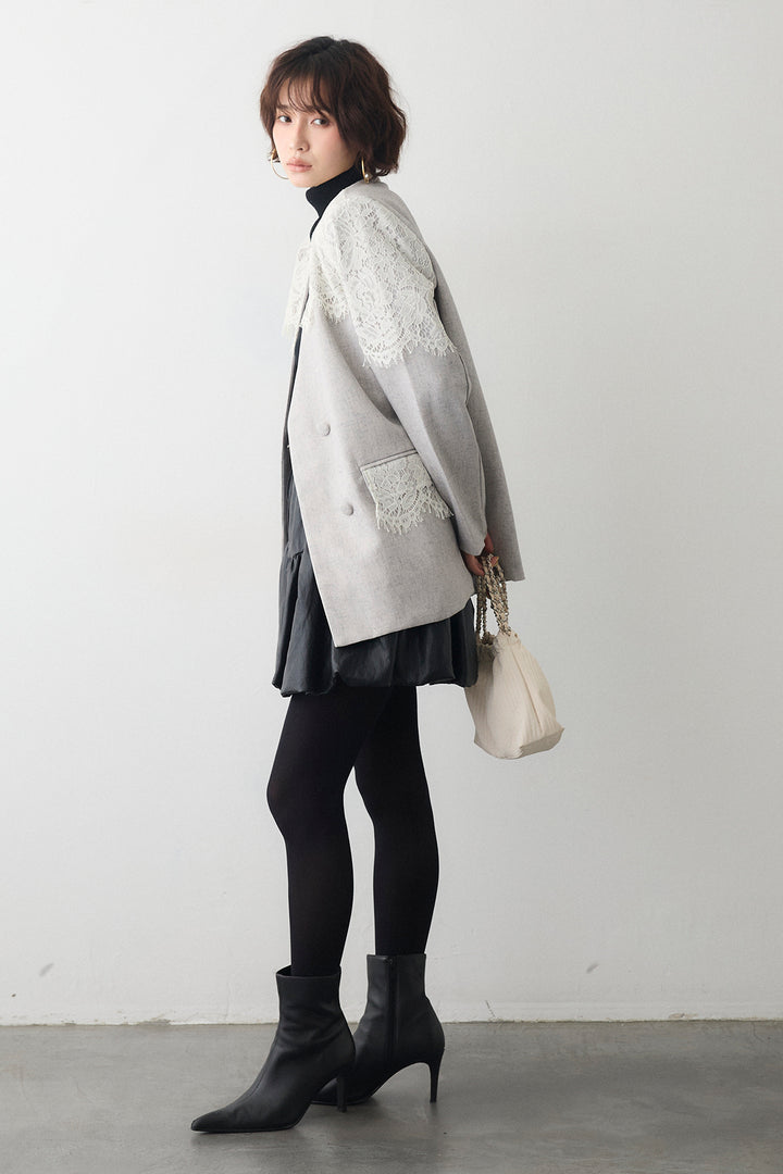 [予約/SET]ベーシックリブタートルニット+ショルダーレースデザインジャケット+フェイクレザーティアードバルーンミニスカート(3set)