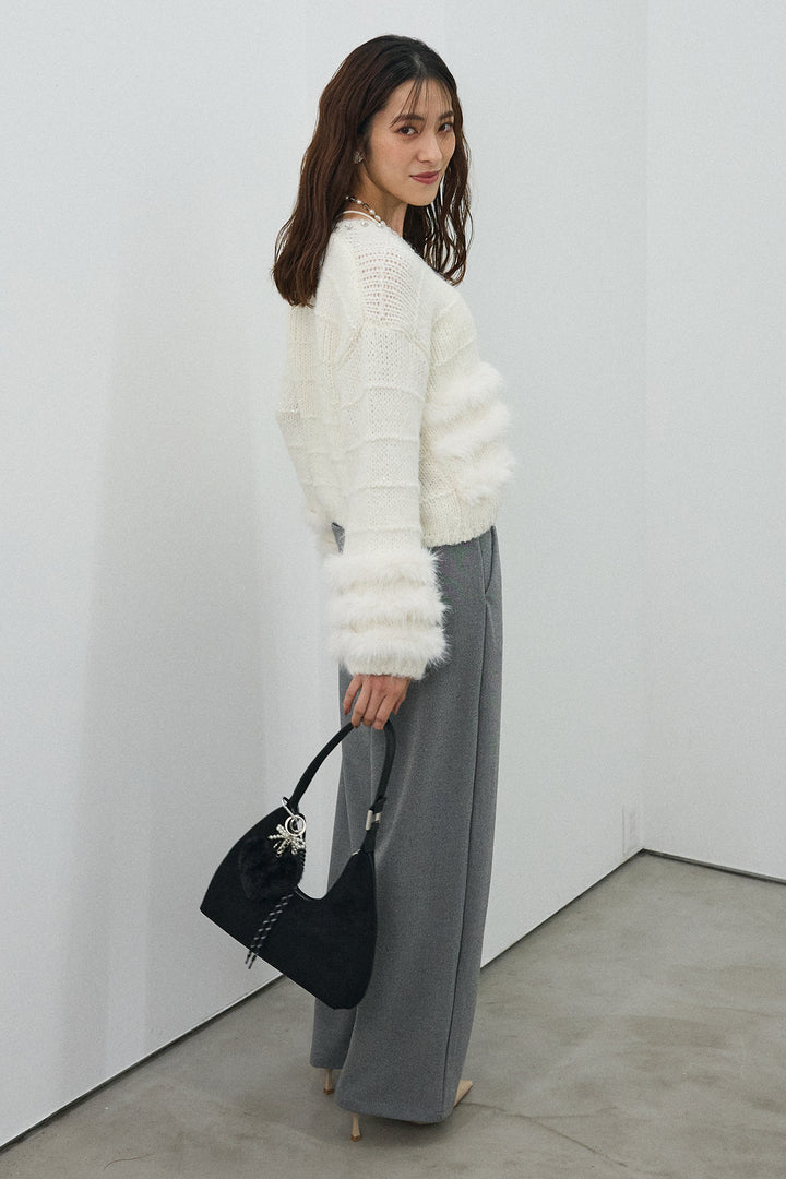 [予約/SET]ネックビジューラインファーニットカーデ+2タック美シルエットパンツ(2set)