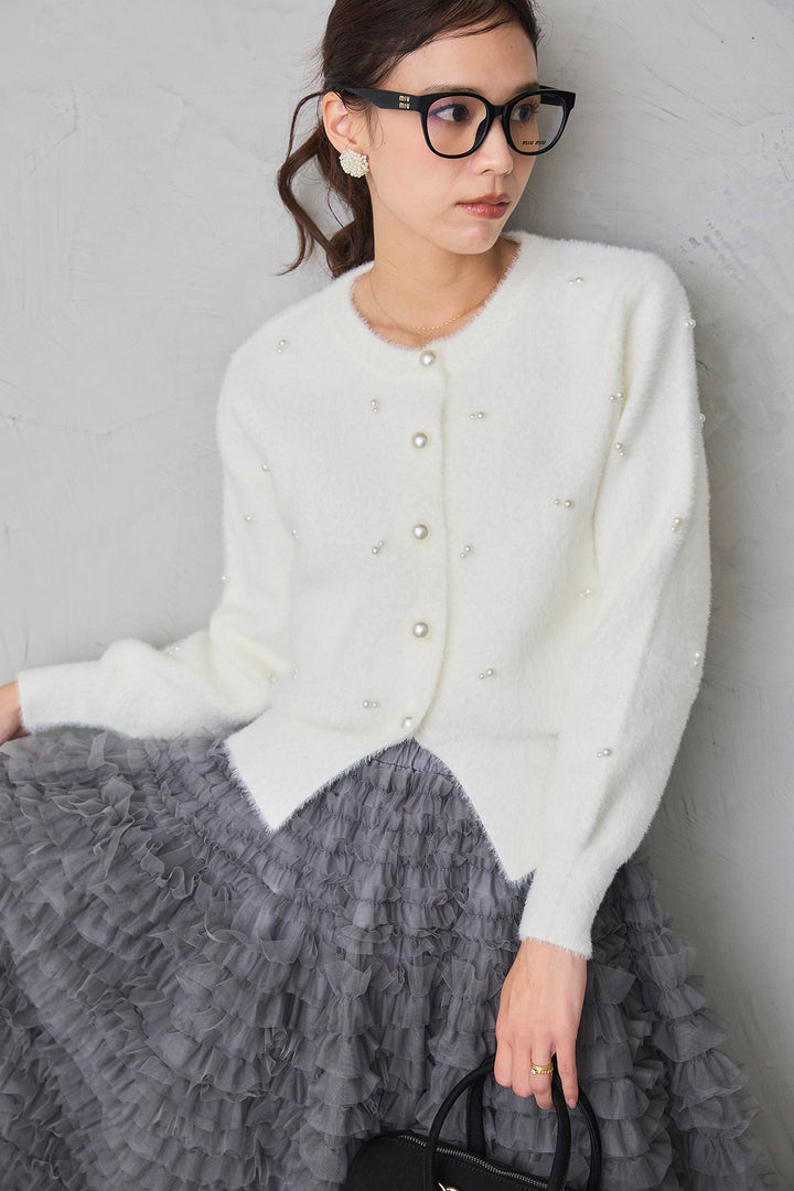 [予約/SET]ミックスパールシャギーコーディガン+ホイップチュールティアードスカート(2set)