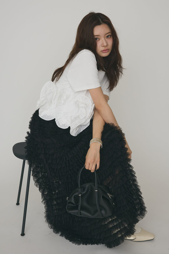 [予約/SET]フリルウェーブヘムカットTシャツ+ホイップチュールティアードスカート(2set)