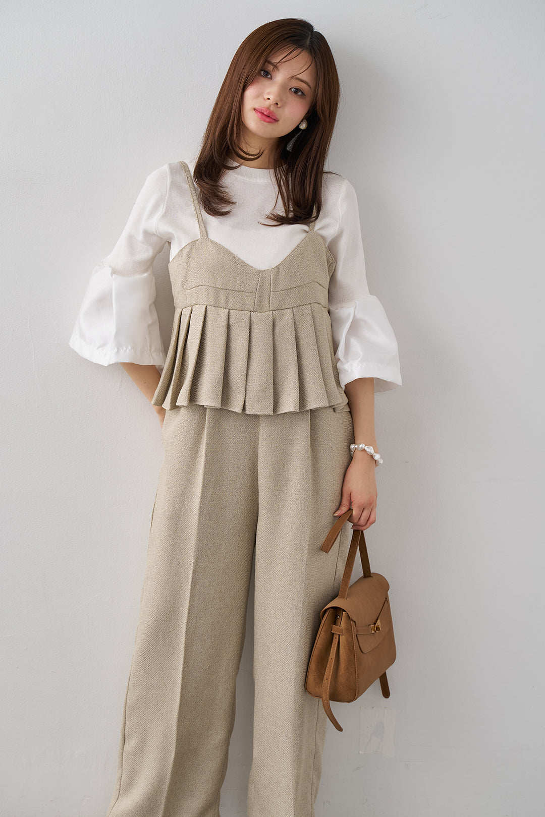 [予約/SET]タックフレア異素材ドッキングニットPO+プリーツビスチェオールインワン(2set)