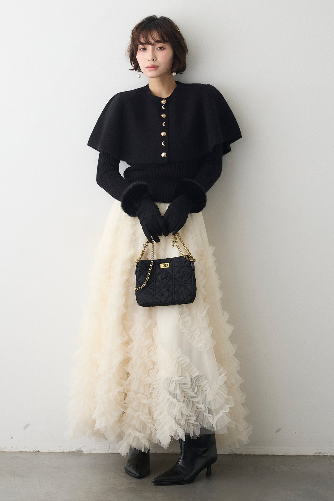 [予約/SET]ミックス釦ケープ2wayニット+スフレアシメチュールスカート(2set)