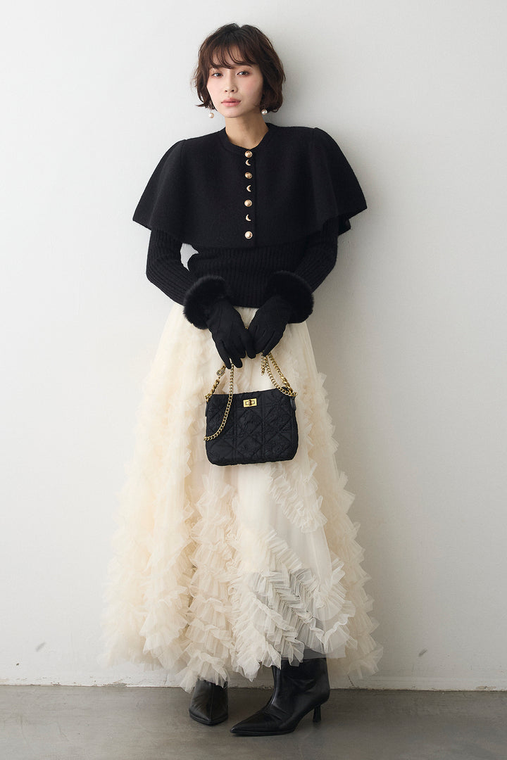 [予約/SET]ミックス釦ケープ2wayニット+スフレアシメチュールスカート(2set)